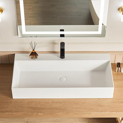 Cpingao 42" Wall Mount Stone Resin Bathroom Sink, Large Rectangle Trough Basin, Matte White Solid Surface Floating Vanity Top with Pre-drilled Hole