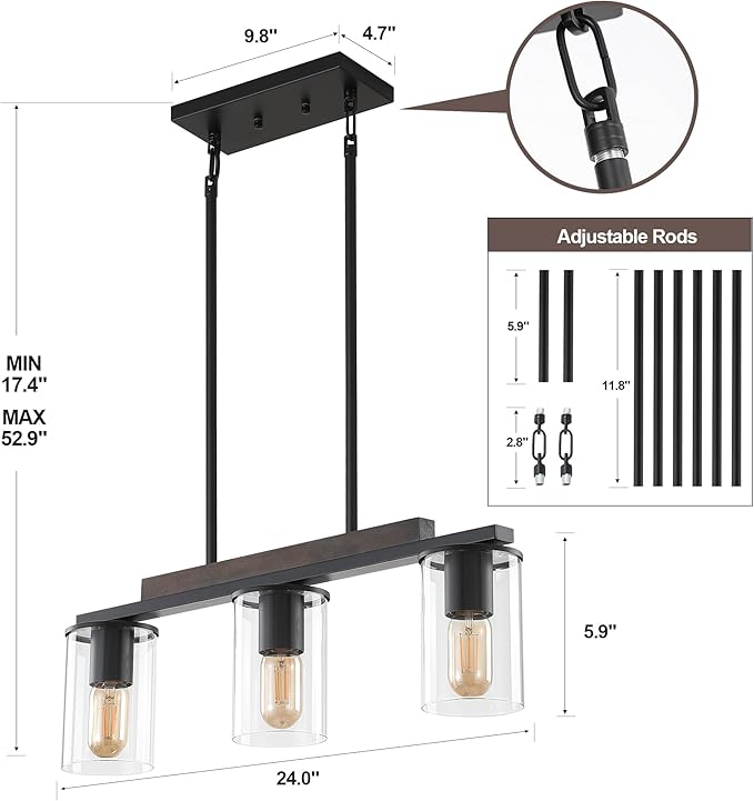 Mecgirn Farmhouse Dining Room Light Fixtures Over Table, Black Pendant Lights for Kitchen Island, 3 Light Linear Chandelier Lighting with Wood