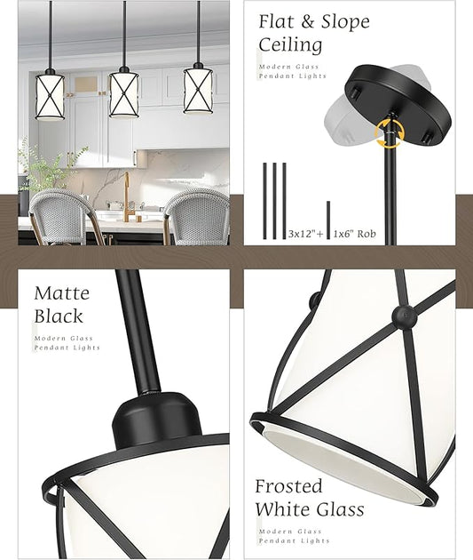 Pendant Lights Kitchen Island 3 Pack, Black Kitchen Pendant Lighting Over Island with Milk Glass and Rods, Modern Mini Hanging Light for Sink Dining Room, CH9176BKW-3PK