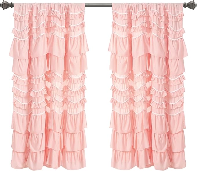 Lush Decor Kemmy Light Filtering Window Curtain Panel Single 52" W x 63" L Peachy Pink - Drapes - Ruffled Curtains for Bedroom - Pink Curtains - Coquette Decor