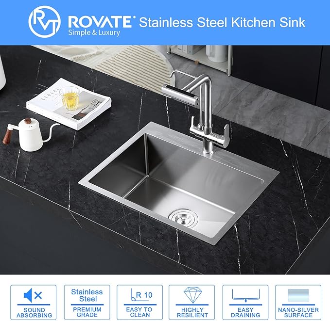 ROVATE 24 x 18 inch Drop-in Kitchen Sink Single Bowl, Topmount Stainless Steel Sink with1 Hole, Handmade Overmount Kitchen or Bar Sinks with Basket Strainer