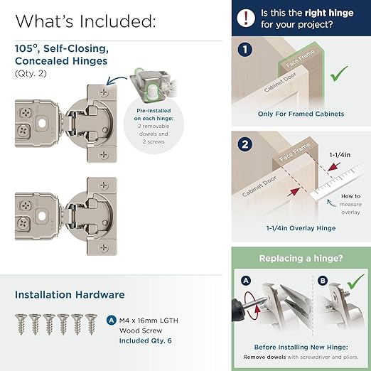 Amerock 2 Pack 1-1/4 inch Overlay Self-Closing Compact Concealed Hinge for Face Frame Cabinet, 105-degree Opening Angle with 3-Way adjustability