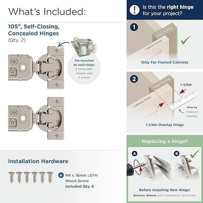 Amerock 2 Pack 1-1/4 inch Overlay Self-Closing Compact Concealed Hinge for Face Frame Cabinet, 105-degree Opening Angle with 3-Way adjustability