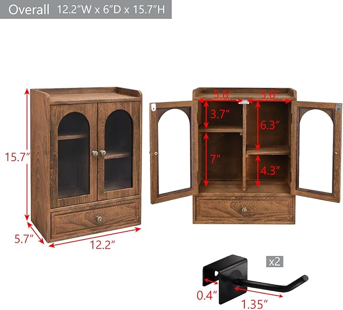 Ikee Design Wooden Countertop Storage Cabinet with Magnetic Door, Adjustable Shelves, Removable Hooks and Drawer for Perfume, Makeup, Pantry, Brown Color, 12.2 W x 6 D x 15.7 H in