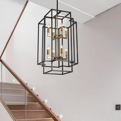 8-Lights Tiered Lantern Pendant Light, Black and Gold Farmhouse Chandelier, Industrial Large Chandeliers for High Ceiling, Modern Foyer Lighting Fixture, for Living Room Entryway Staircase