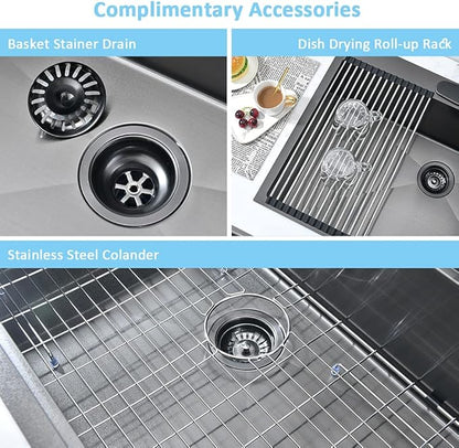 33-Inch Black Stainless Steel Drop-In Kitchen Sink - 33x22 Topmount Single Bowl With Dish Grid & Roll Up Rack - 16 Gauge Deep Matte Black