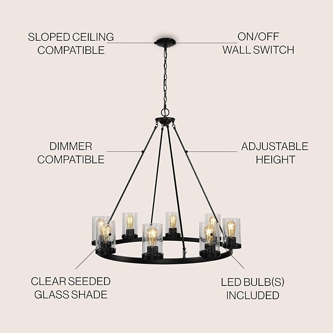 JONATHAN Y 33.5" Oil Rubbed Bronze 8-Light Rustic Farmhouse LED Chandelier, Round Metal Wagon Wheel Pendant Lighting for Dining Room Kitchen with Seeded Glass Shade (JYL7554A)