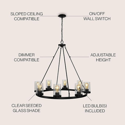 JONATHAN Y 33.5" Oil Rubbed Bronze 8-Light Rustic Farmhouse LED Chandelier, Round Metal Wagon Wheel Pendant Lighting for Dining Room Kitchen with Seeded Glass Shade (JYL7554A)