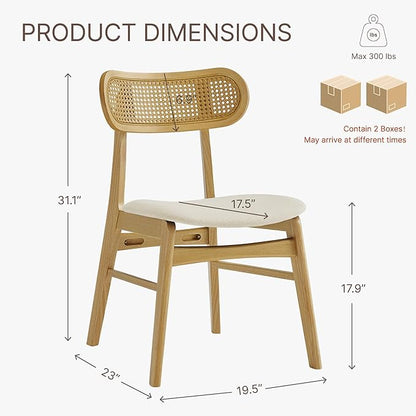 KISLOT Wooden Dining Chairs Set of 4, Upholstered Modern Dining Room Chairs, Mid Century Oak Wood Kitchen Chairs with Rattan Backrest for Farmhouse, Kitchen, Restaurant (Cream Fabric & Original Color)