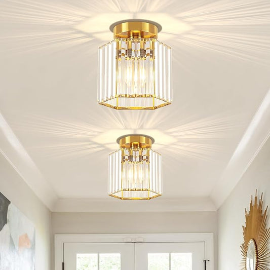 TOULMJ 2 Pack Brushed Gold Ceiling Lights, Modern Crystal Semi Flush Mount Kitchen Ceiling Lighting Fixtures Hallway Ceiling Lamp for Bathroom Bedroom Laundry Room Entryway Foyer Lighting