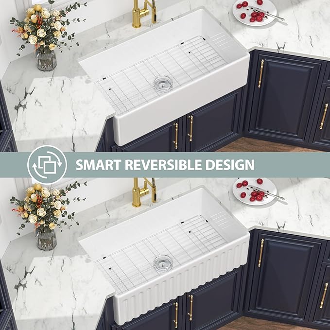 Kichae 36 Inch White Farmhouse Sink - 36 x 20 Farm Kitchen Sink Undermount Singe Bowl Apron Front Fireclay Ceramic Porcelain Farmer Style Large Deep Kitchen Sink Round Corner