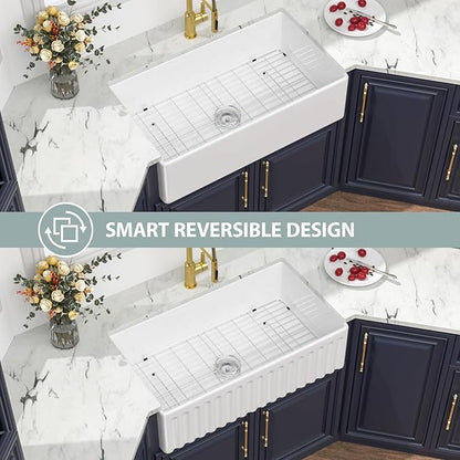 Kichae 36 Inch White Farmhouse Sink - 36 x 20 Farm Kitchen Sink Undermount Singe Bowl Apron Front Fireclay Ceramic Porcelain Farmer Style Large Deep Kitchen Sink Round Corner