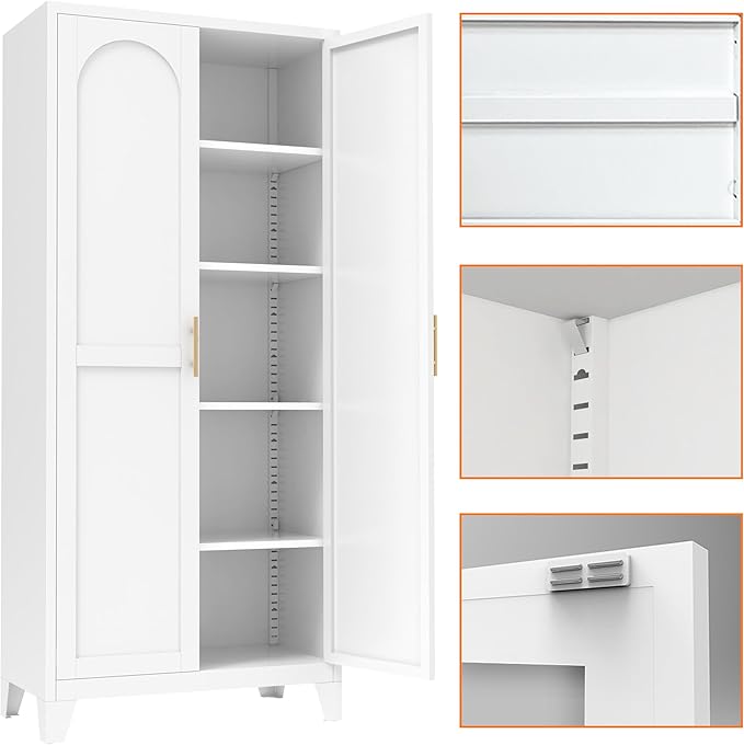 Ball & Cast 61″Tall Freestanding Kitchen Pantry Cabinet,Versatile Metal Storage Cabinet w/Adjustable Shelves & Doors,Pantry Cabinet for Kitchen and Dining Room,White