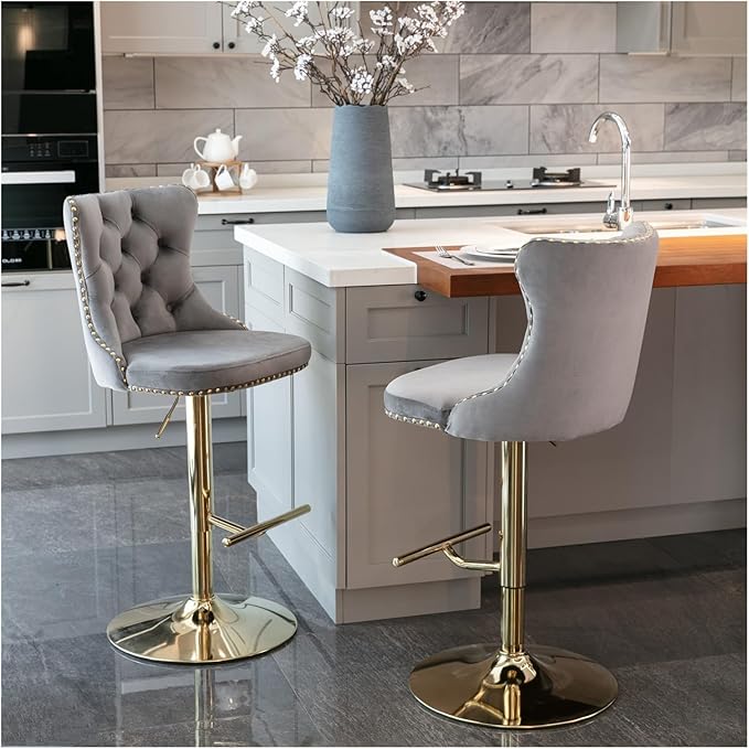 Golden Swivel Velvet Barstools Adjusatble Seat Height from 25-33 Inch,Modern Upholstered Bar Stools with Backs Comfortable Tufted for Home Pub and Kitchen Island,Gray,Set of 2,for Living Room