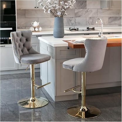 Golden Swivel Velvet Barstools Adjusatble Seat Height from 25-33 Inch,Modern Upholstered Bar Stools with Backs Comfortable Tufted for Home Pub and Kitchen Island,Gray,Set of 2