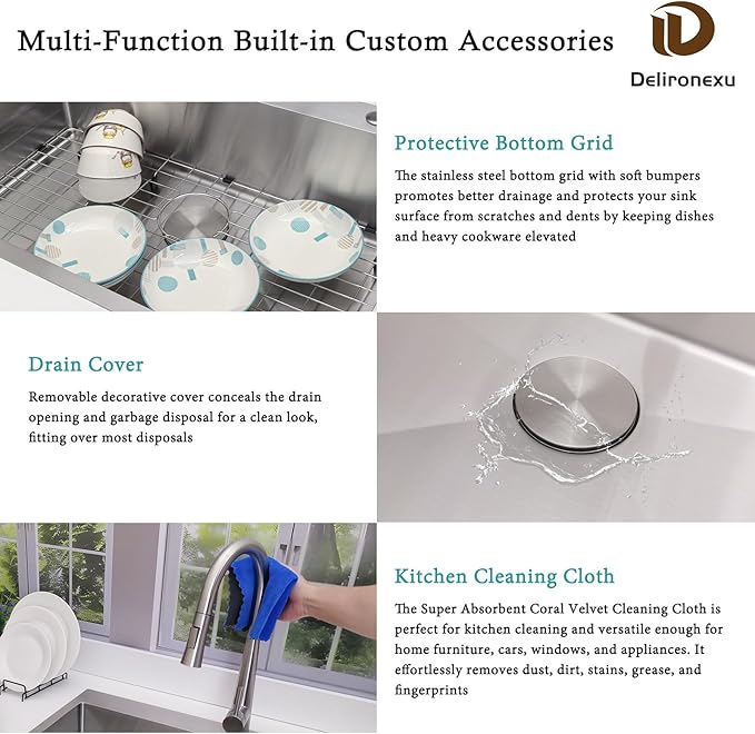 33x19 Drop in Kitchen Sink - Delironexu 16 Gauge Stainless Steel Sinks Top Mount, 33 Inch Drop in Kitchen Sink Single Bowl with 3 Accessories Package