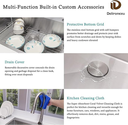 33x19 Drop in Kitchen Sink - Delironexu 16 Gauge Stainless Steel Sinks Top Mount, 33 Inch Drop in Kitchen Sink Single Bowl with 3 Accessories Package