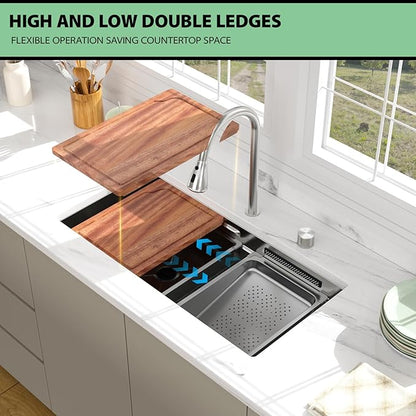 30 inch Undermount Kitchen Sink - Beslend 30x17x10 Waterfall Sink with Pull-Down Faucet 16 Gauge Stainless Steel, Double Track Workstation Kitchen Sinks with Faucet Combo, Handmade Dish Basin