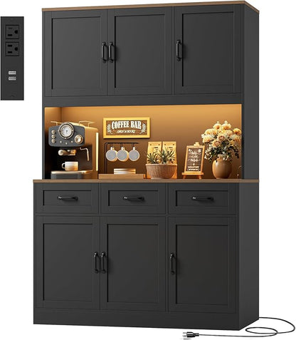 HOSTACK 72" Tall Kitchen Pantry Cabinet with Charing Station | LED Lights, 47"W Kitchen Pantry Storage Cabinet with Countertop, Kitchens Hutch Cabinets with Storage for Dining Room, Black/Rustic Brown