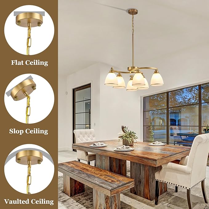 6-Light Modern Gold Chandeliers for Dining Room 59"Max Adjustable Height Farmhouse Pendant Light with Frosted Glass Shades, Metal Hanging Lamp for Kitchen Island, Dining Table, Entryway, Hallway