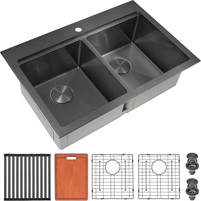 LQS 33 Inch Black Drop in Kitchen Sink, Spacious 33 x 22 Drop In Kitchen Sink 50/50 Double Bowl, 16 Gauge Handmade Black Stainless Steel Kitchen Sink with Practical Accessories, R15 Round Corner