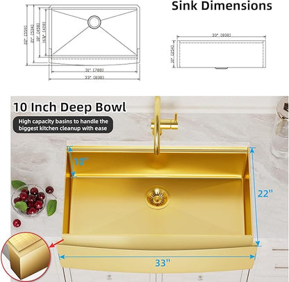 Farmhouse Sink, 33 x 22 Inch Undermount Kitchen Sink 16 Gauge Stainless Steel Kitchen Sinks Apron Front Single Bowl 10 Inch Deep Workstation Sink with Cutting Board