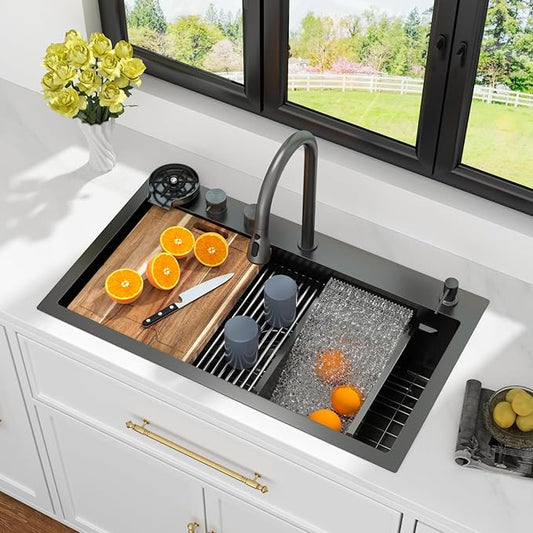 Kichae 33 Black Kitchen Sink Drop In Waterfall - 33x19 Drop Sink Stainless Steel 16G Single Bowl Waterfall Kitchen Sinks Workstation Handmade with Faucet & Glass Rinser