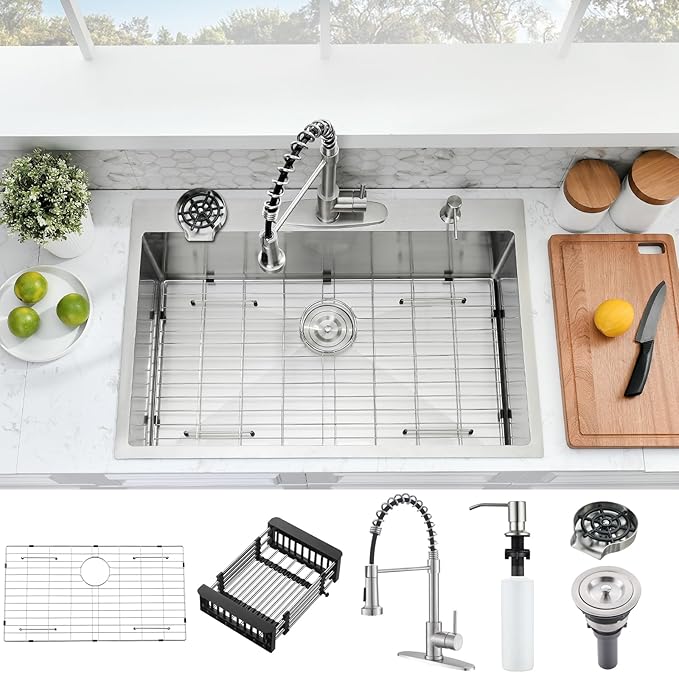 33×22 Drop In Kitchen Sink with Faucet Combo - Stainless Steel Kitchen Sink Drop In with Cup Washer, 9 Inch Deep Single Bowl Kitchen Sinks and Faucets Combo Set
