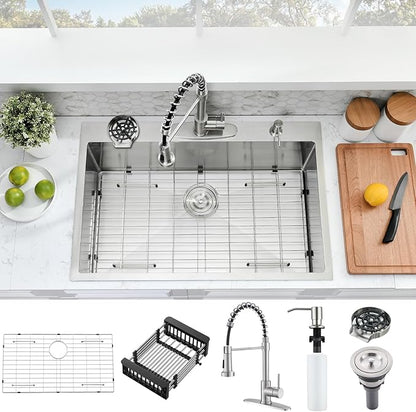 33×22 Drop In Kitchen Sink with Faucet Combo - Stainless Steel Kitchen Sink Drop In with Cup Washer, 9 Inch Deep Single Bowl Kitchen Sinks and Faucets Combo Set