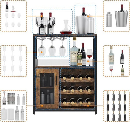 GAOMON Coffee Wine Bar Cabinet with Storage and Detachable Rack, Farmhouse Sideboard and Buffet Cabinet with Glass Holder and Mesh Door, Liquor Coffee Bar Cupboard, Rustic Brown