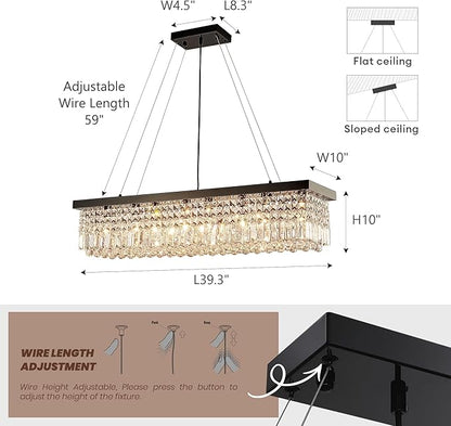 Modern Crystal Chandelier for Dining Room, 8-Light Black Rectangle Pendant Ceiling Light Fixture for Kitchen Island Bar, L40 x W10 x H10