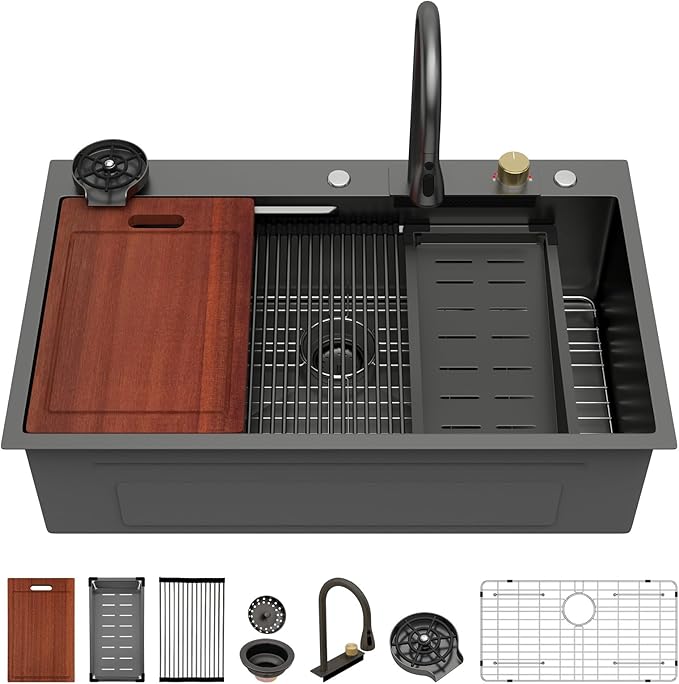 Sarlai 36 Inch Waterfall Kitchen Sink Workstation - 36x22 Black Waterfall Drop In Sink Stainless Steel 16 Gauge Sink Multifunction Single Bowl Smart Top Mount Kitchen Sinks with Faucet Combo