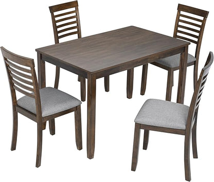 5-Piece Solid Wood Dining Table Set with 4 Upholstered Chairs, Rectangular Kitchen Table Set for 4, Modern Dining Room Table and Chairs Set of 4 for Kitchen and Dining, Walnut
