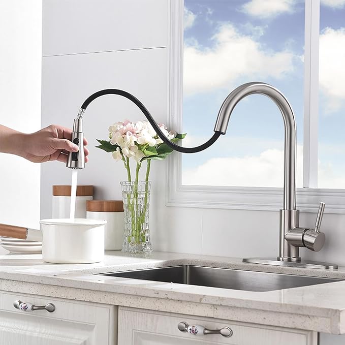 Kitchen Faucets with Pull Down Sprayer, Brushed Nickel High Arc RV Laundry Bar Commercial Sink Faucet, 1 or 3 Hole Stainless Steel Single Handle Faucets for Kitchen Sink with Deck Plate