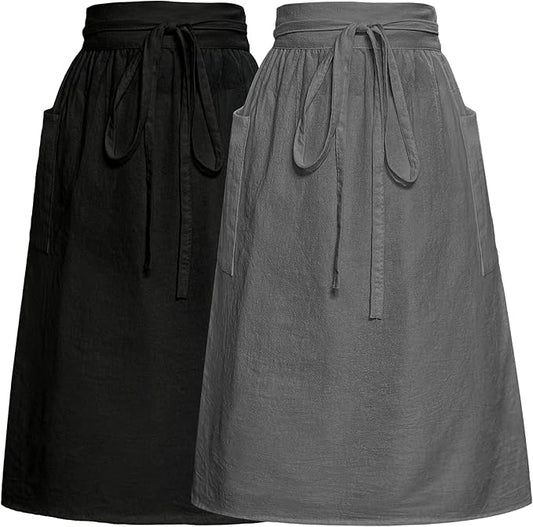 Cityelf Cotton Linen Half Apron for Women Vintage Waist Apron Ruffle Plain Bright Color for Cooking Painting Artwork