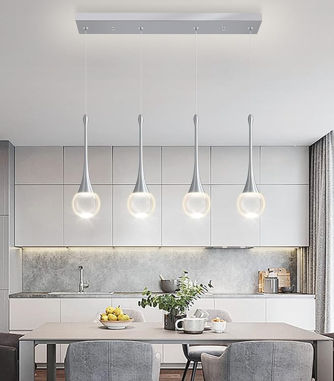 Rectangular Crystal Pendant Light for Kitchen Island 4 Light Dimmable Crystal Chandelier Lighting Fixtures with Remote for Dining Room Living Room Silver