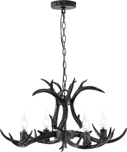 JONATHAN Y 26" Black Rustic Resin Antler 4-Light LED Chandelier, Farmhouse Faux Deer Horn Hanging Ceiling Light for Dining Room, Kitchen Island, Adjustable Light Fixture (JYL6301D)