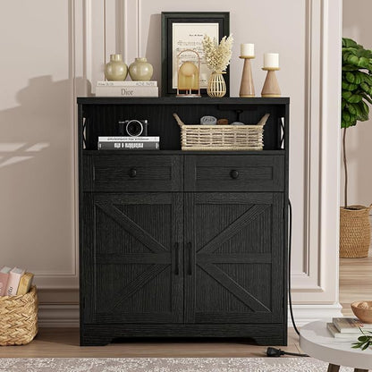 FiveWillowise 31.5" Black Storage Cabinet with Drawers and Shelf, Farmhouse Sideboard Buffet with Storage, Kitchen Pantry Hutch, Coffee Bar Cabinet Station Table for Kitchen, Living, Dining Room
