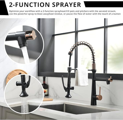AIMADI Black and Gold Kitchen Faucet - Matte Black Kitchen Faucet Commercial Single Handle Kitchen Faucets with Pull Down Sprayer,Rose Gold Kitchen Sink Faucets