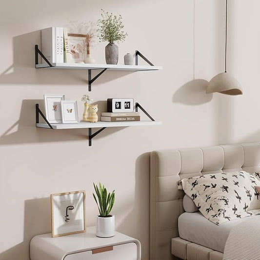Acovy Floating Shelf for Wall,32" WX10 D Wood Floating Shelves with Sturdy Metal Bracket Set of 2,Wall Mounted Hanging Shelf for Bathroom,Bedroom,Kitchen,White
