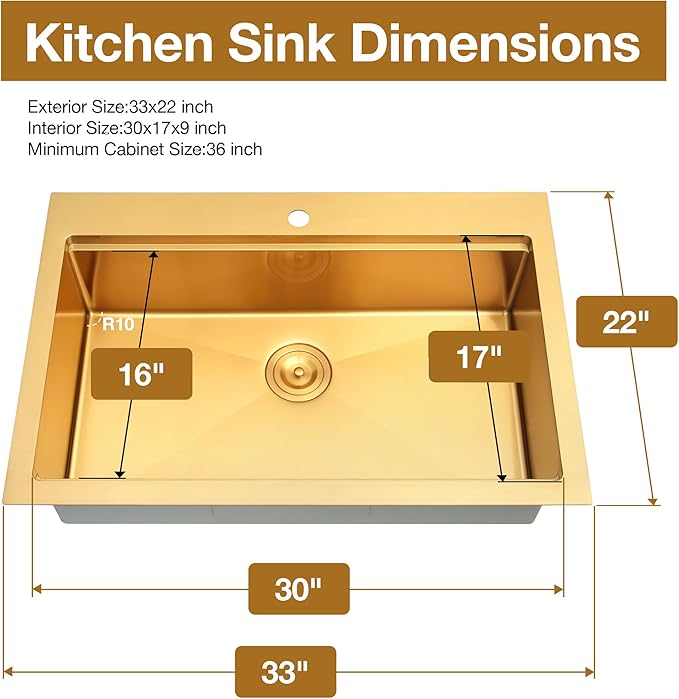 Gold Kitchen Sink 33" X 22",Drop In/Top Mount 16 Gauge Stainless Steel Workstation Sink,Deep & Large Single Bowl Kitchen Sinks (Gold, 33" X 22")