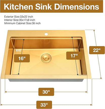 Gold Kitchen Sink 33" X 22",Drop In/Top Mount 16 Gauge Stainless Steel Workstation Sink,Deep & Large Single Bowl Kitchen Sinks (Gold, 33" X 22")