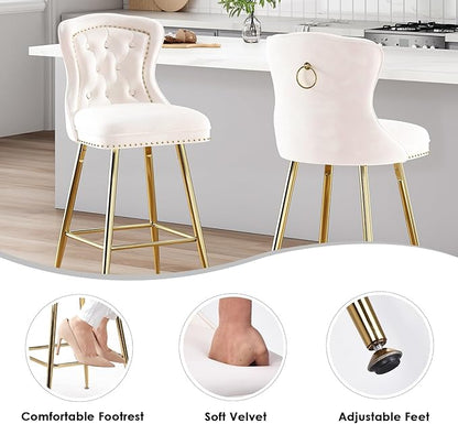 Luxurious Velvet Counter Height Bar Stools Set of 2 with Metal Legs, Button Tufted, Nailheads Trim, Wing-Back Bar Chairs for Kitchen Island Dining Room Pub(Beige)