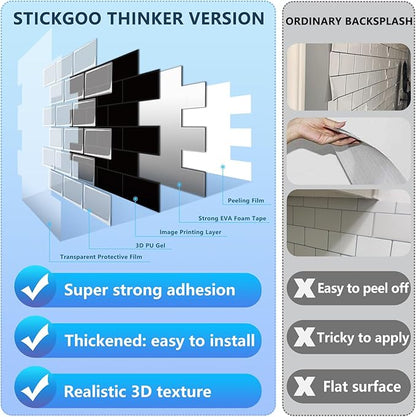 STICKGOO Peel and Stick Backsplash Subway Tiles, 10 Sheets of 12" x 12" - 3D Adhesive Peel and Stick Tile Backsplash for Kitchen, Bathroom, Wall Tile (Thicker Design, Black with Grey Grout)
