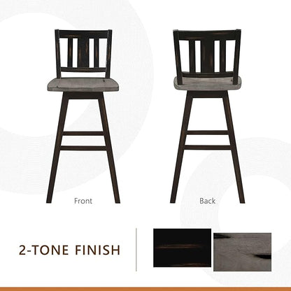 Lexicon Bar Height Bar Stools Set of 2-Solid Wood Frame 360° Swivel Wooden Stools, Foot Rest, Slat Back, Wide Seat, Distressed Farmhouse Easy to Clean Finish, 28.5" SH, Antique Black/Grey
