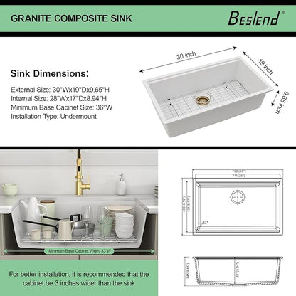 30 Inch White Undermount Kitchen Sink - Beslend 30x19x10 Inch Granite Composite Undermount Sink Under counter Quartz Workstation Sinks with Single Ledge Elegant Single Bowl Dish Basin