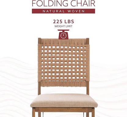 Linon Bennett Natural Folding Chair with Woven Rope Back and Linen Upholstered Seat Set of 2