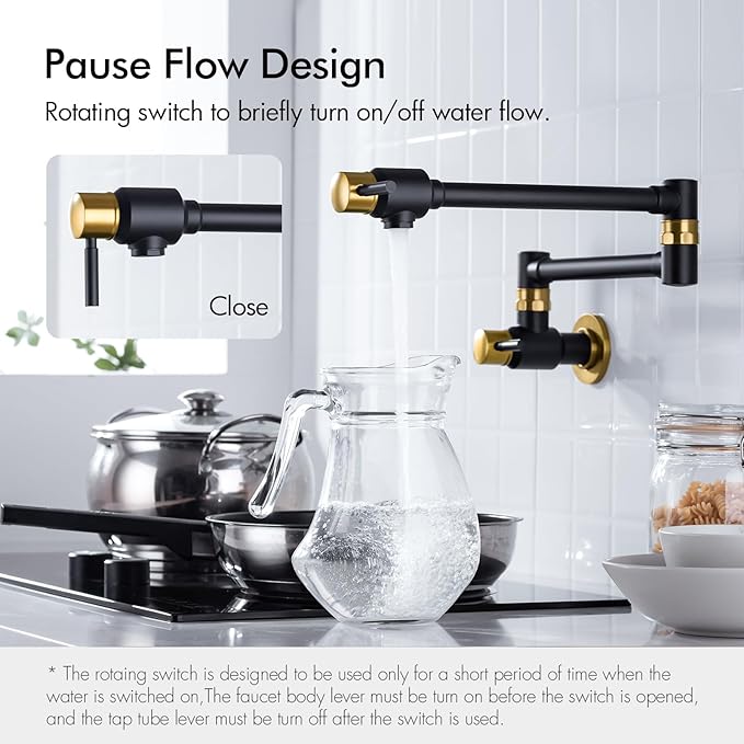 BAGNOLUX Pot Filler Faucet Over Stove, Traditional Pot Filler Wall Mount Commercial Solid Brass Kitchen Faucet, Pot Filler Folding Faucet with Double Joint Swing Arm 23.4 inch, Black and Gold