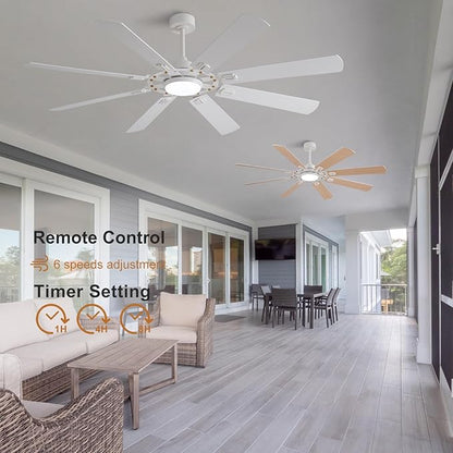 72 inch Ceiling Fans with Lights and Remote,8 Blades White Ceiling Fan with Light, Large Air Volume, Reversible Quiet DC Motor, Modern Ceiling Fans for Indoor Outdoor Living Room Large Room