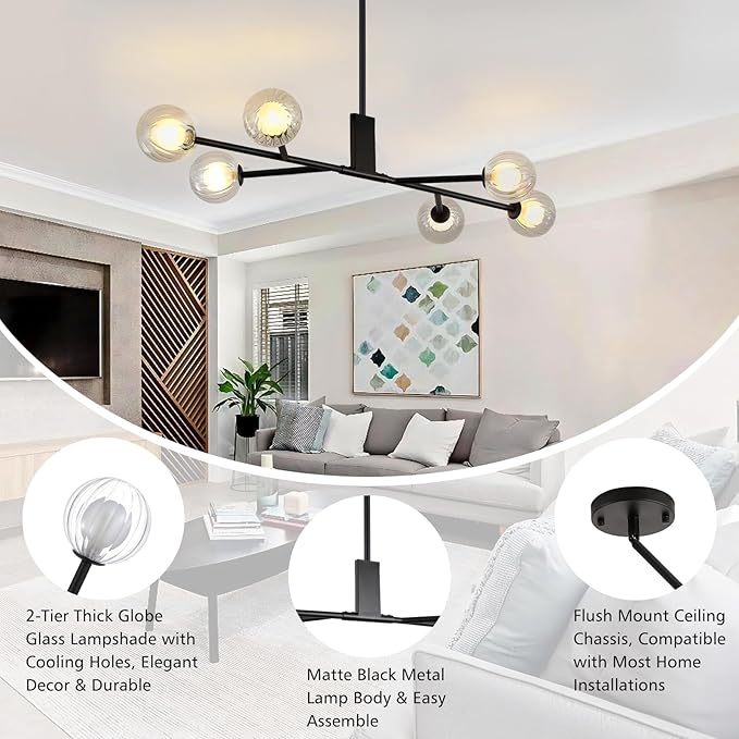 Modern Black Sputnik Island Light, 6-Light Glass Linear Chandelier for Dining Room, 46'' Ceiling Pendant Light Fixture with Globe Lampshade, Large Hanging Lamp Over Table, Bar, G9 Base